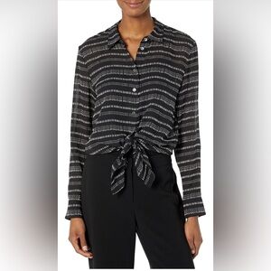 Theory Black and White Patterned Tie-Front Blouse